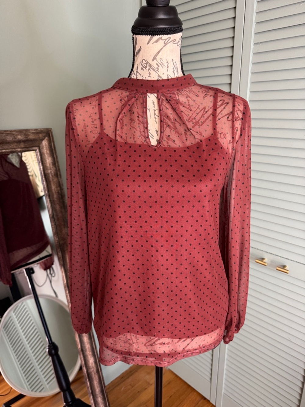 bobeau Sheer Polka Dot Long-Sleeve Blouse - Rose
